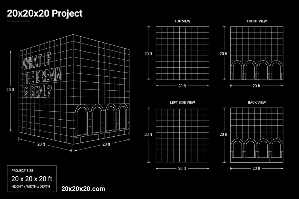 20x20x20 cube technical drawing: isometric plus top, front, side and back elevations, all twenty feet